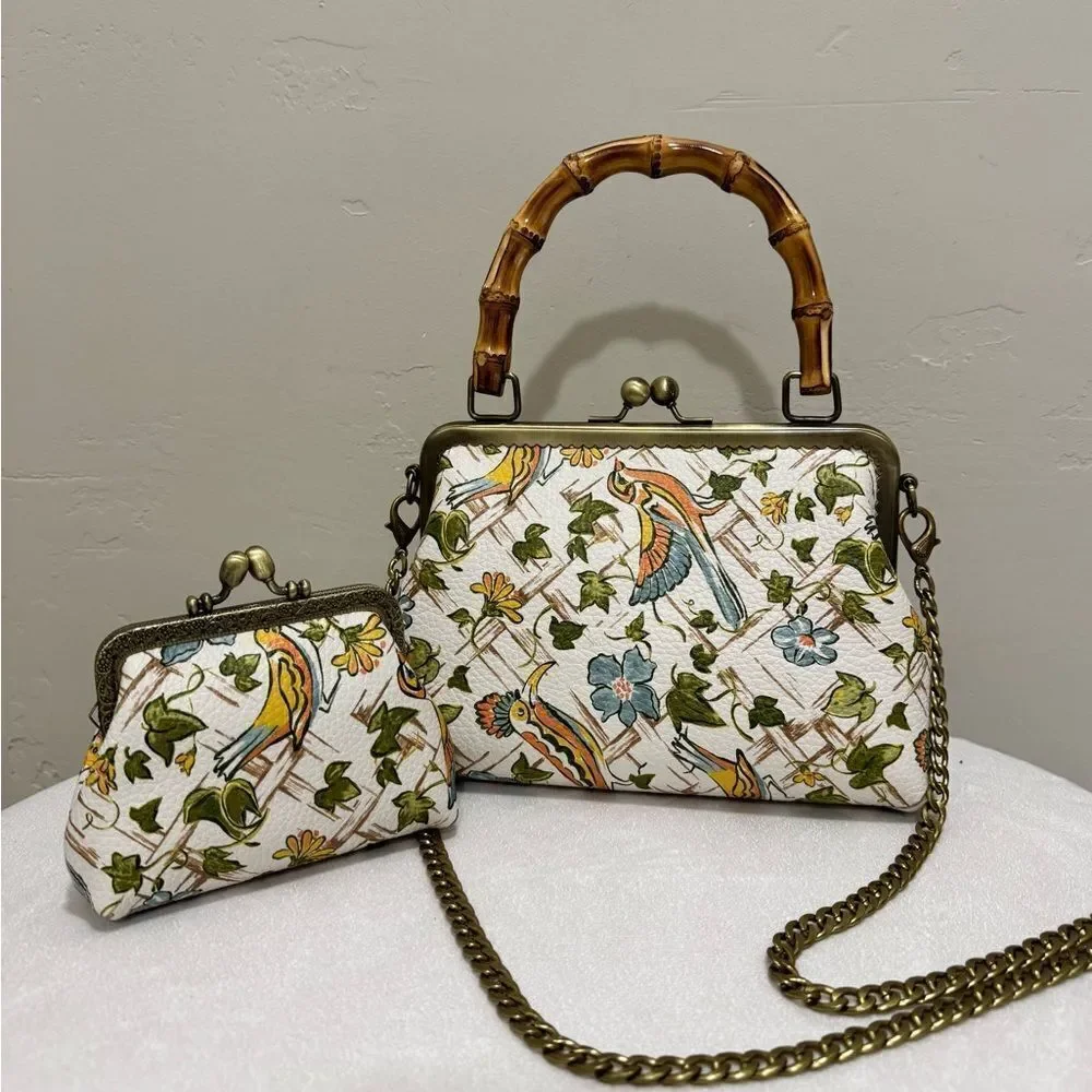 Floral Print Premium Cowhide Handmade Real Bamboo Handle Kisslock Handbag Set